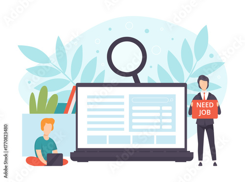 Man Character Search for Job Offer Use Website Vector Illustration