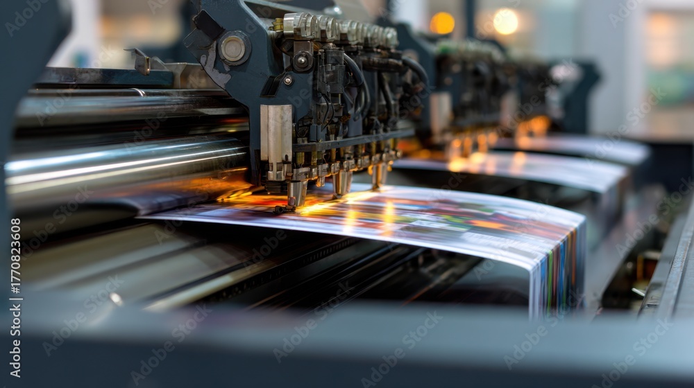 Fototapeta premium High-tech printing process shows vibrant colors being applied to sheets in a modern printing facility