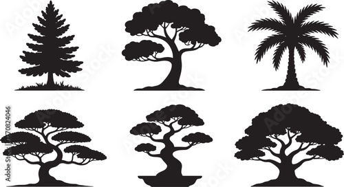 Six black tree silhouettes including pine palm and bonsai styles pine tree palm tree