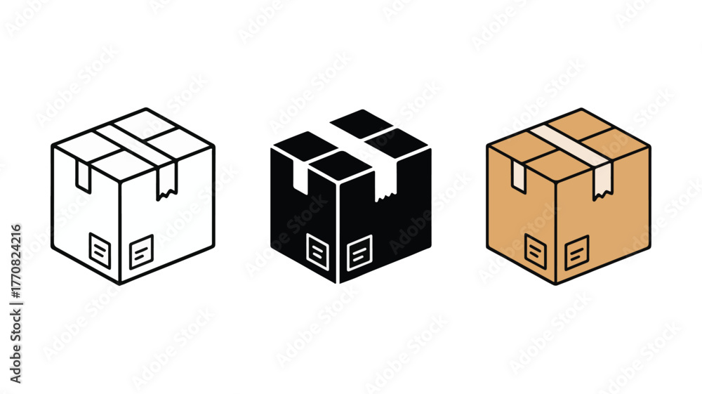 Fototapeta premium Three isometric cardboard boxes with tape and markings package shipping