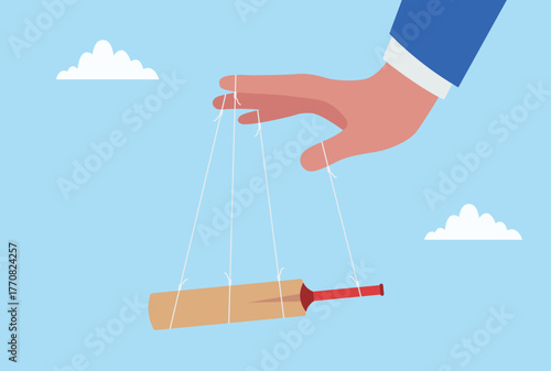 Vector illustration of a large hand controlling a cricket bat like a puppet with strings, representing match fixing, manipulation, and corruption in sports concept
