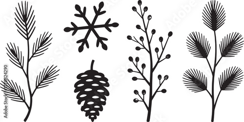 Black silhouette winter botanical elements pine needles snowflake pinecone berry branches vector