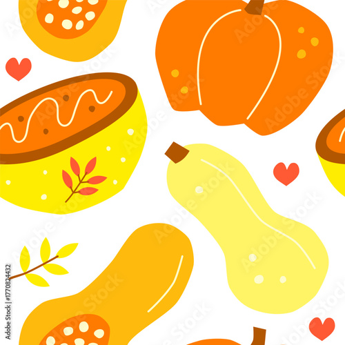Cute seamless pattern with hand drawn flat pumpkin soup in bowl, butternut squash, leaves and hearts. Seasonal warm autumn background.