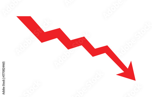 Down fall trend red arrow graph, Red arrow chart graph in downward direction, concept of stock market fall, financial loss.
