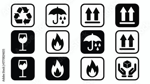 Twelve black and white shipping symbols recycling umbrella