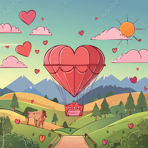 A cartoonish, romantic illustration featuring a large red heart-shaped balloon flying over a picturesque landscape.