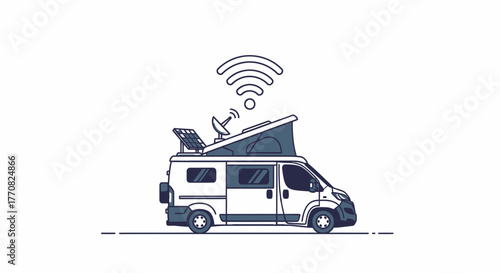 Stay connected anywhere with a modern camper van featuring solar panels and satellite dish, perfect for digital nomads and remote workers seeking adventure