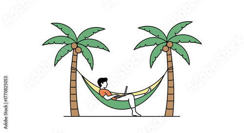 Relaxing tropical getaway working remotely on laptop in hammock slung between palm trees, a modern digital nomad lifestyle for flexible work anywhere