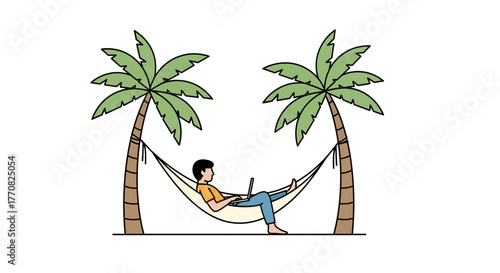 Relaxing remote work lifestyle with laptop in hammock between palms, envisioning freedom and productivity, perfect for digital nomad or vacation vibes