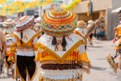 Sonajeros dancers wearing colorful traditional costumes, in the popular festival honoring Saint Joseph and the Holy Family in Zapotlan el grande, Ciudad Guzmán, Jalisco, Oct.2, 2025. Tuxpan