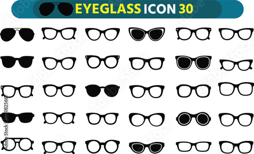 Collection of diverse eyeglass and sunglass frame styles in black silhouette icons