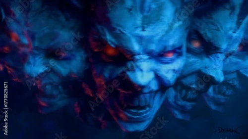 Terrifying multi-faced demon creature with glowing red eyes in a dark, mysterious fantasy digital art style, horror concept.