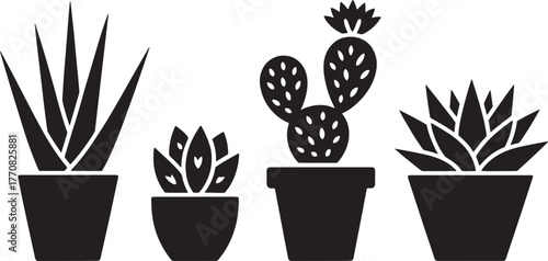 Four black silhouette potted plants including aloe vera and prickly pear cactus black and white