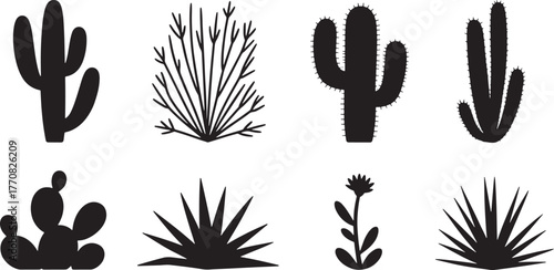 Collection of eight black silhouette desert plants and cacti on white background cactus succulent