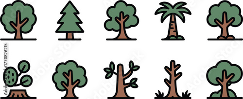 Collection of various stylized cartoon trees and small shrubbery icons