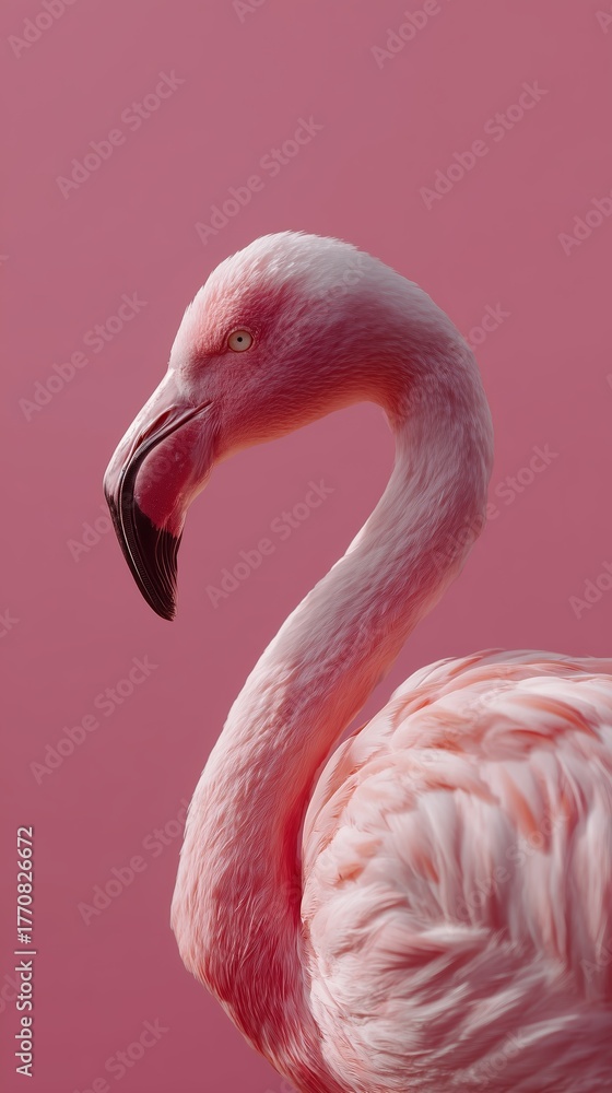 Obraz premium Close-up of a pink flamingo against a matching pink background, showcasing its graceful neck and detailed feathers.