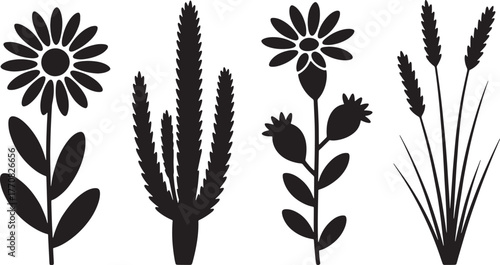 Black Silhouette Collection of Four Stylized Plants and Flowers on White Background botanical nature