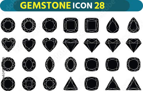 Collection of diverse gemstone icons featuring various cuts and shapes on a white background