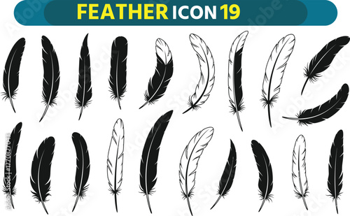 Collection of diverse black silhouette feather icons and illustrations on a white background