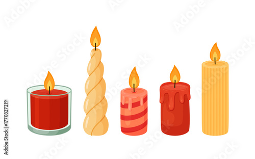 Burning candles set. Hand drawn trendy flat style isolated. Different wax candles. Ideal for web graphic, design, poster, tattoo, stickers. Relaxation, resting and aromatherapy. Vector illustration