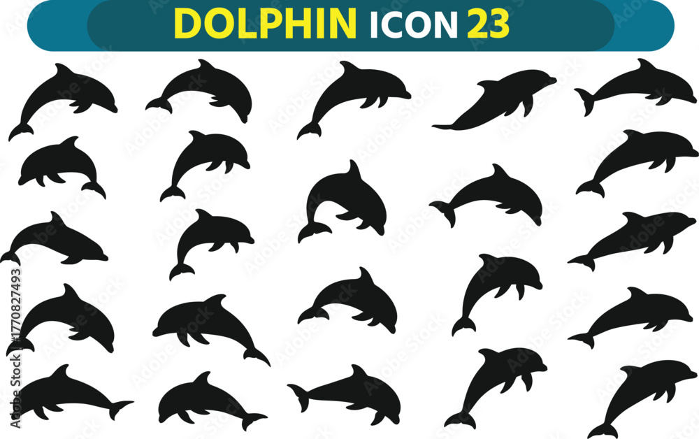 Naklejka premium Collection of black dolphin silhouettes in various dynamic poses and swimming actions isolated on white background