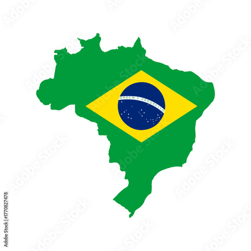 Map of brazil filled with the brazilian flag on a white background