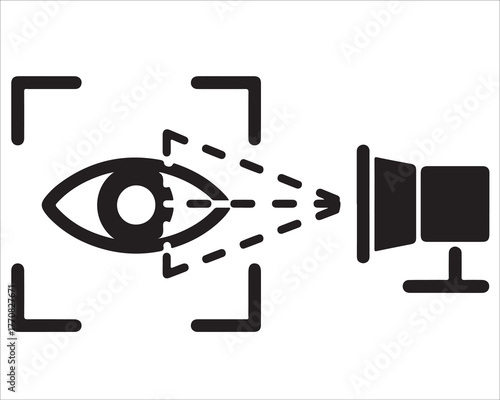 Eye scanning and recognition technology icon showing biometric security concept with camera sensor and digital vision identification in minimal black silhouette style