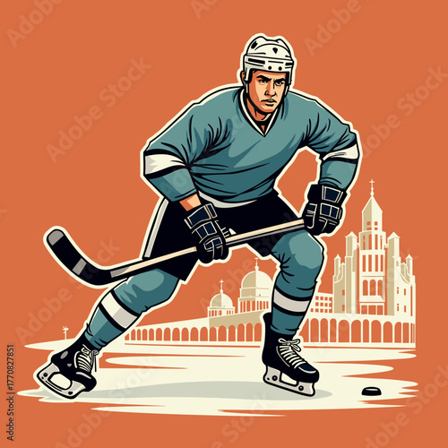 Male ice hockey player skating and preparing to shoot on rink - Concept of Print  