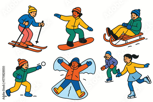 Children enjoying various winter activities in the snow