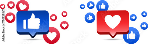 3D social media reaction pop-up notifications with hearts and thumbs up showing emotional feedback online