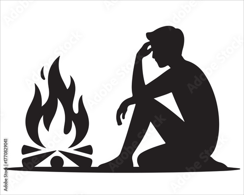 Silhouette of a person sitting alone by a campfire at night thinking deeply, concept of solitude, reflection, and mindfulness outdoors