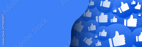 Blue social media background banner with thumbs up representing likes, popularity, and online engagement