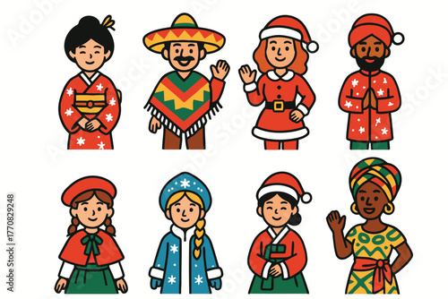 Diverse people in traditional and holiday attire celebrating together