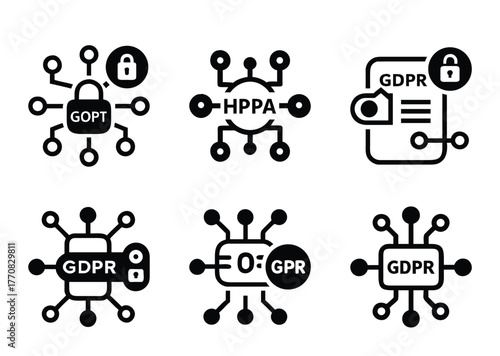 Set of Black and White Line Icons Illustrating Data Privacy and Security Concepts