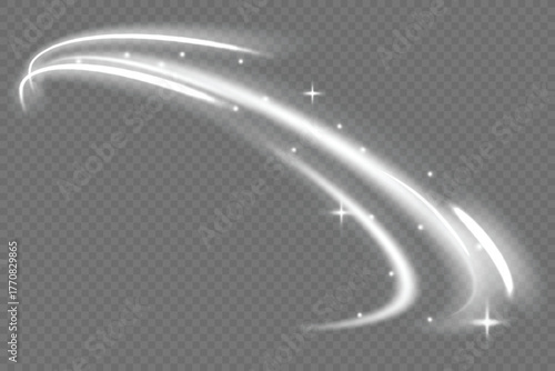 A bright white vector light trail that forms a smooth arc with a white glow. Vector light effect for light and dark backgrounds.