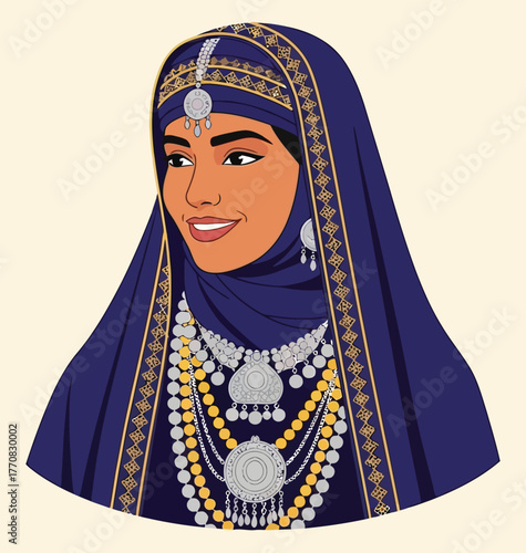 Beautiful woman wearing blue traditional hijab and rich silver gold jewelry portrait vector