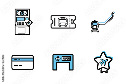 Travel and Public Transportation Icons Set - Airport, Metro, Bus, Train, Ticket, Payment Vector Collection