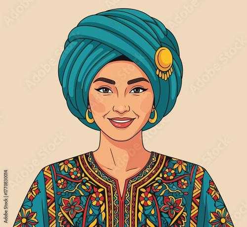 Smiling woman in turquoise ornate turban and colorful embroidered traditional dress illustration