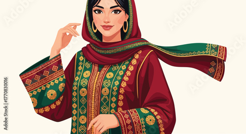 Woman posing traditional embroidered red green dress and draped headscarf vector illustration