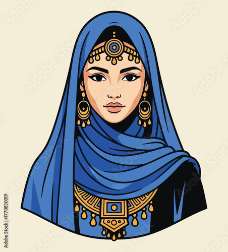 Woman portrait wearing blue hijab elaborate gold traditional jewelry choker necklace vector