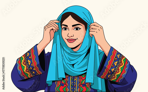 Smiling woman adjusting turquoise headscarf wearing brightly colored embroidered dress vector