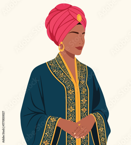 Elegant woman wearing traditional kaftan and pink turban style headdress vector illustration