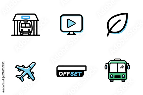 Travel, Transport, Environment, and Digital Media Vector Icons Set