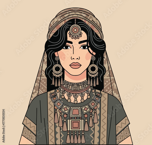 Beautiful woman portrait wearing traditional tribal headscarf and ornate antique jewelry