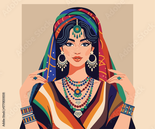 Vibrant portrait of woman in colorful traditional clothes intricate beaded necklaces