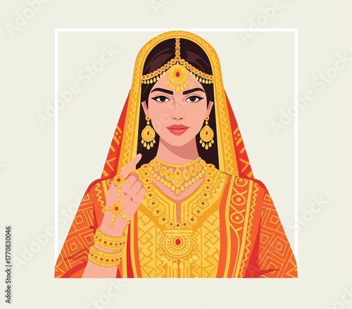 Elegant Indian bride wearing traditional gold ornaments and richly colored festive clothing