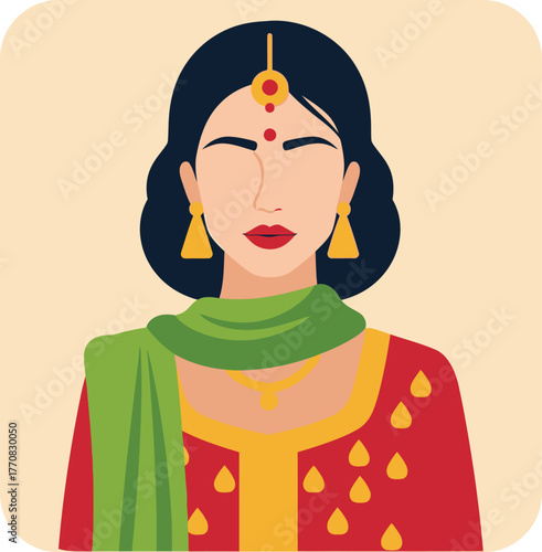 Indian woman wearing traditional attire red kurta green dupatta and gold jewelry accessory