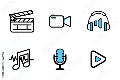Media & Entertainment Line Icons Set. Music Production, Video Filming, Audio Recording, and Playback Vector Symbols: Clapperboard, Camera, Headphones, Microphone, Musical Notes, Play Button.