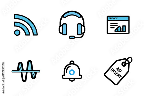 Podcasting and Digital Audio Content Vector Icons Set with RSS, Headphones, Episode, Waveform, Notification, and Ad Insert Symbols