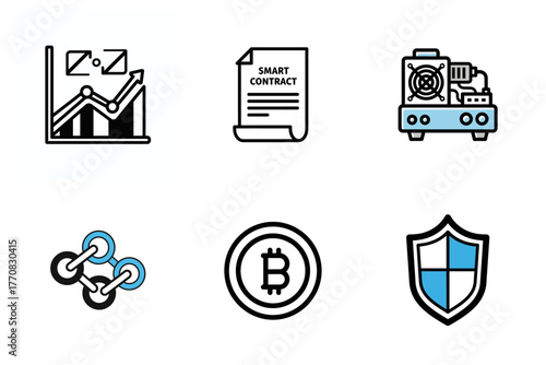 Blockchain Cryptocurrency Icons Set - Digital Finance, Smart Contract, Bitcoin, Mining, Security, Analytics